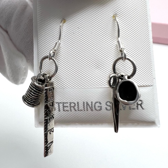 Sale $16 Firm! .925 Sterling Silver Ruler, Spool, Scissors and Thimble Earrings - Picture 7 of 11